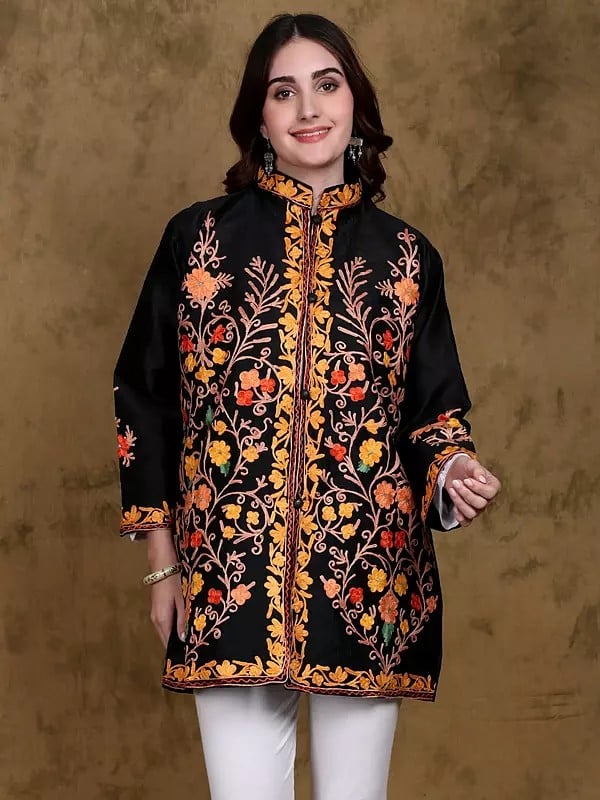 Jet-Black Art Silk Mandarin Collar Short Jacket with Aari Embroidered Floral Bail Pattern