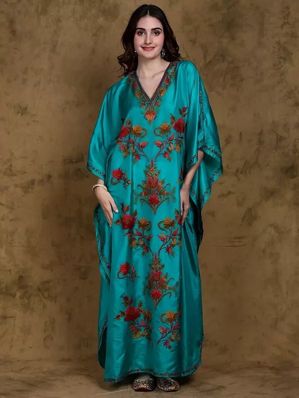 Dynasty-Green Pure Silk V-Neck Long Kaftan from Kashmir with Aari Embroidered Flowers