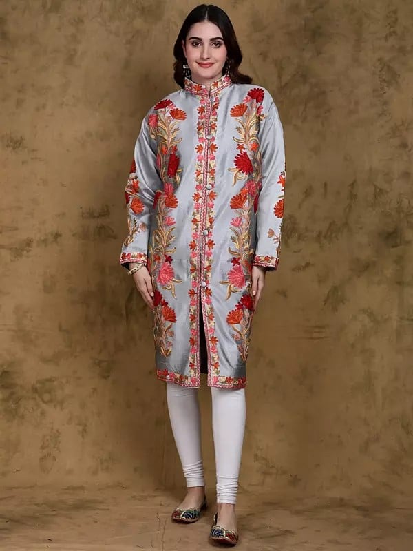 Arctic-Ice Art Silk Mandarin Collar Kashmiri Long Jacket with All-Over Aari Embroidered Giant Floral Vine