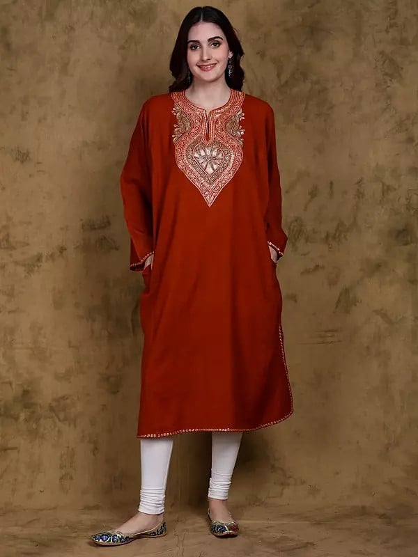 Bombay-Brown Wool Phiran from Kashmir with Tilla Embroidery and Side Pockets