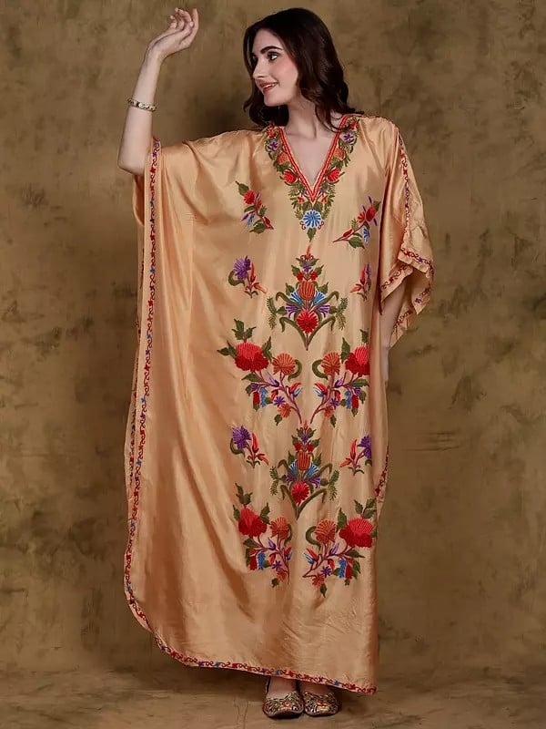 Honey-Peach Pure Silk Floral Embroidered Long Kaftan From Kashmir