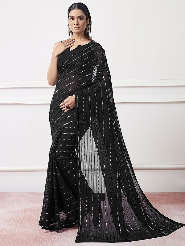 Black Georgette Striped Pattern Sequins And Thread Embroidery Work Saree