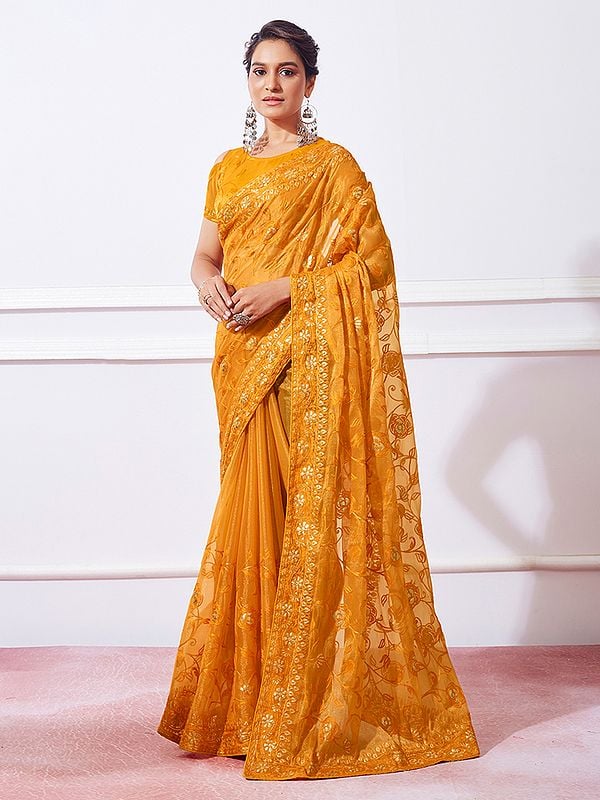 Light-Orange Attractive Simar Thread Floral Embroidery Work All Over Designer Saree With Blouse