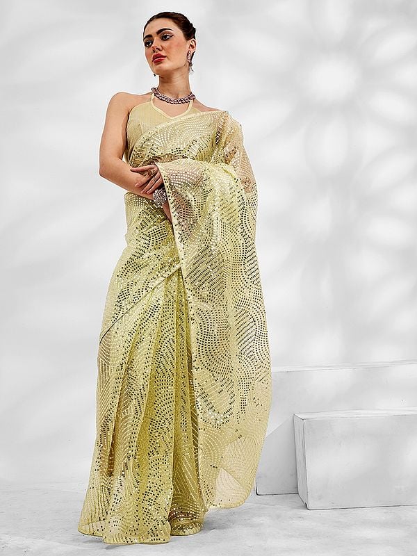 Winter-Hazel Net Organza Heavy Sequins Work Saree With Blouse For Casual Occasion