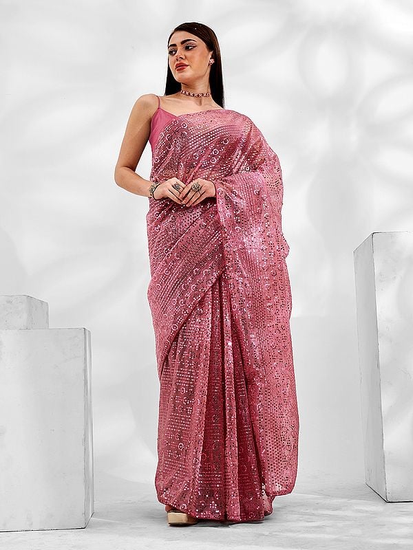 Dusky-Rose Designer All Over Sequins Work Party Wear Net Organza Saree With Blouse