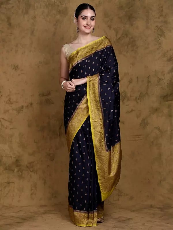 Banarasi Saree with All-over Zari Woven Bootis and Floral Vine Contrast Border-Pallu