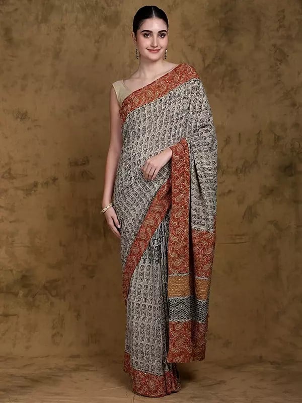 Solitary-Star Paisley Printed Saree with All-over Kantha and Sequins Embroidery