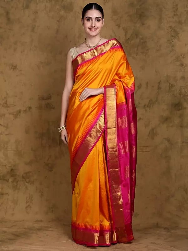 Radiant-Yellow Gajam Temple Border Pure Silk Saree from Kumbakonam with Zari work Border and Pallu