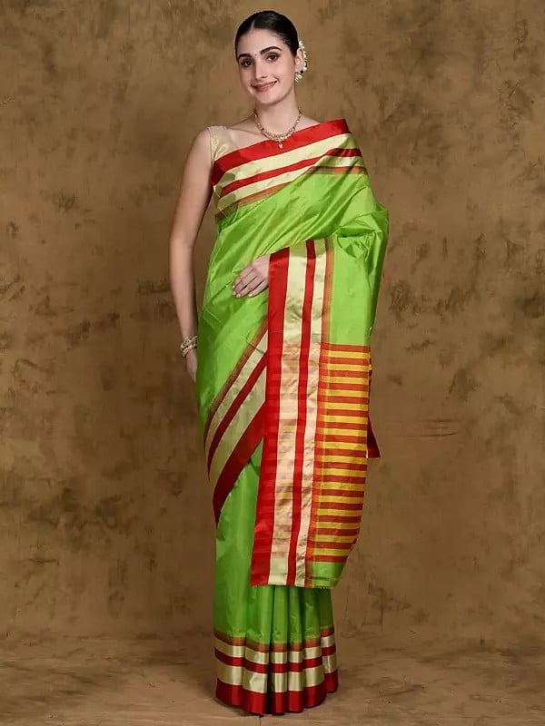 Lime-Green Pure Silk Garad Saree from Bengal with Stripes Anchal