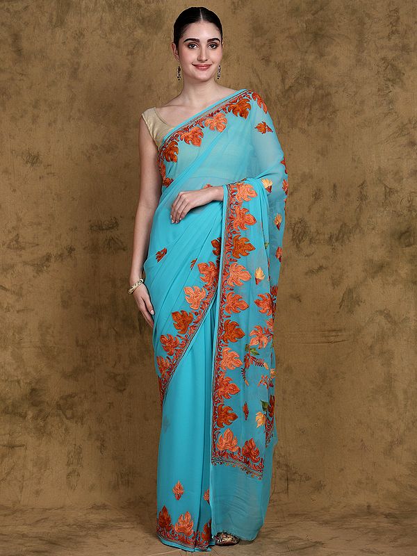 Blue-Curacao Georgette Saree from Kashmir Aari Embroidered Maple Leaves