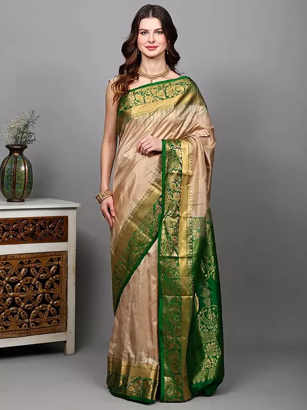 Pure Silk Temple Border Saree from Bangalore with Intricate Golden Zari work Peacocks Border