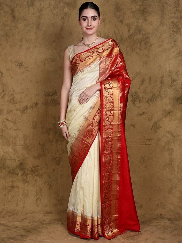 Ivory Pure Silk Temple Border Saree from Bangalore with Intricate Golden Zari work Peacocks Border