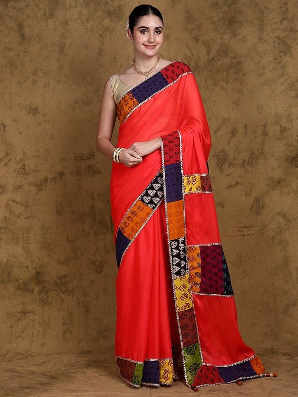 Candy Apple Red Patchwork Saree with Latkan Pallu - Handcrafted by Adivasi Women of Madhya Pradesh