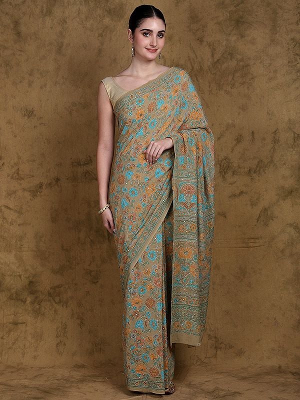 Sage-Green Floral Printed Saree with Kantha Embroidery and Sequins work