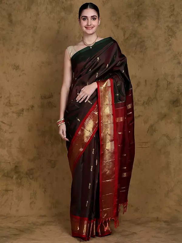 Pure Silk Saree from Kumbakonam with Zari Woven Bootis and Red Contrast Pallu-Border