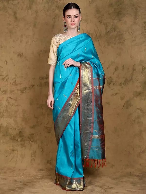 Pure Silk Saree from Kumbakonam with Zari Woven Bootis and Red Contrast Pallu-Border