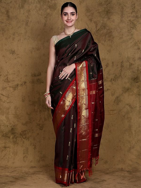 Deep-Forest Pure Silk Saree from Kumbakonam with Zari Woven Bootis and Red Contrast Pallu-Border