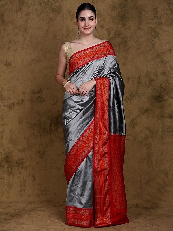 Formal-Gray Pure Silk Handloom Saree from Bangalore with Thread Woven Peacock and Chakra Motifs