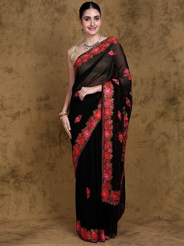 Black-Oyster Georgette Saree from Kashmir with Aari Embroidered Multicolor Flowers