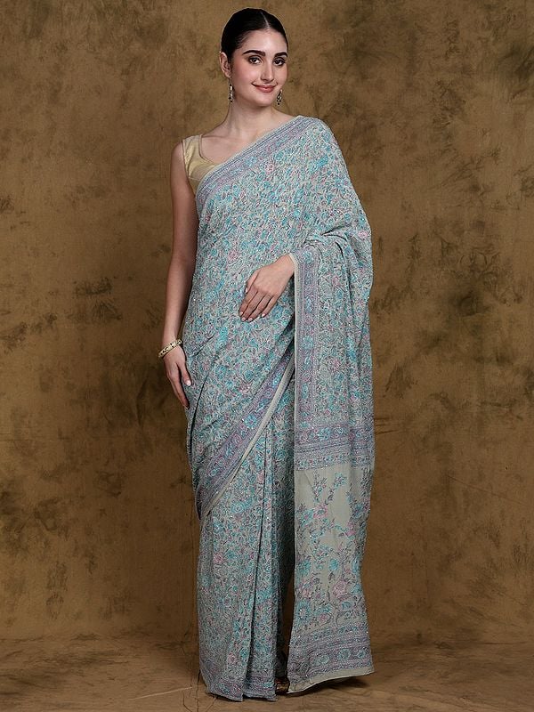 Green-Tint Floral Print Crepe Saree with All-over Kantha Embroidery