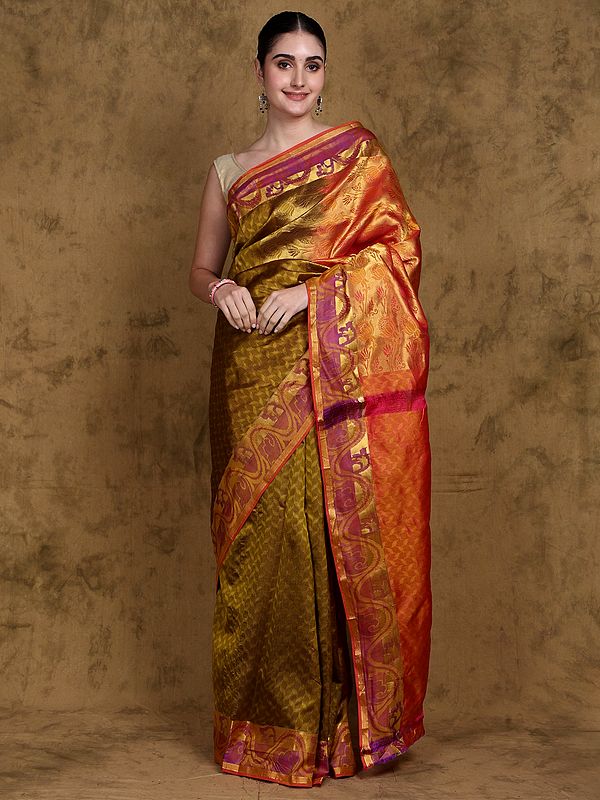 Fir-Green Pure Silk Saree from Bangalore with All-over Leaf Weave