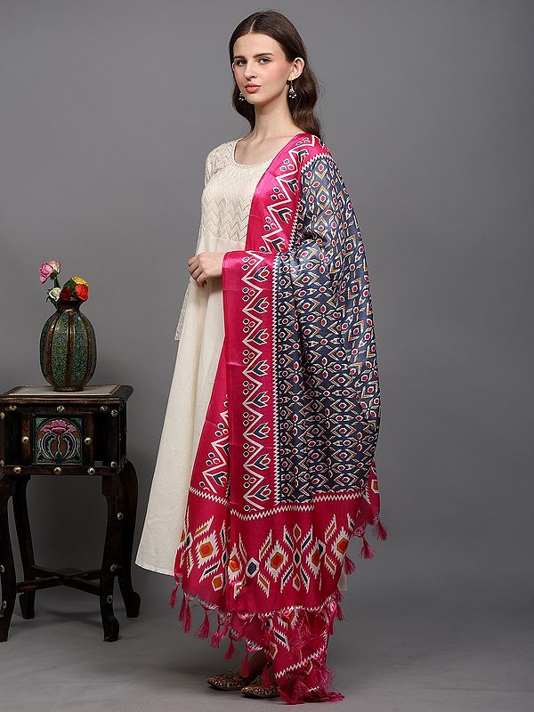 Ikat Print Art Silk Dupatta with Fringes