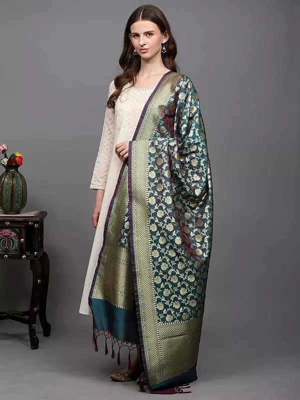 Art Silk Dupatta with All-Over Floral Vines and Fringes