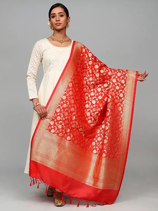 Art Silk Dupatta with All-Over Floral Vines and Fringes