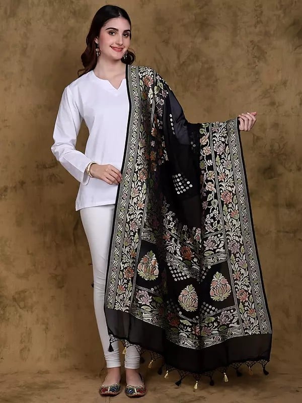 Black-Beauty Georgette Banarasi Dupatta with Floral Pattern Broad Border