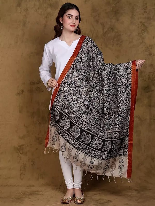 White-Pepper Kalamkari Dupatta from Telangana with Zari Border