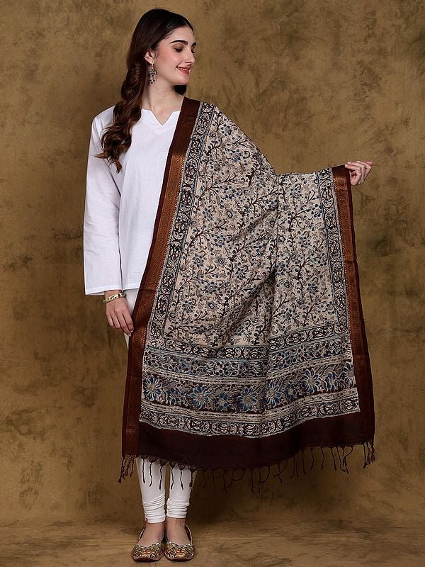 White-Pepper Flower Vine Printed Kalamkari Dupatta from Telangana with Zari Border