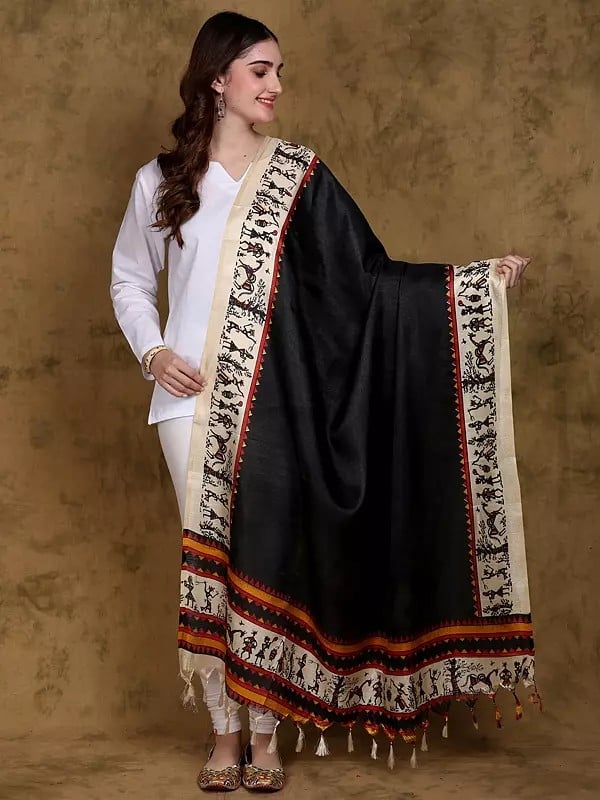 Art Silk Dupatta with Warli Art Print Border