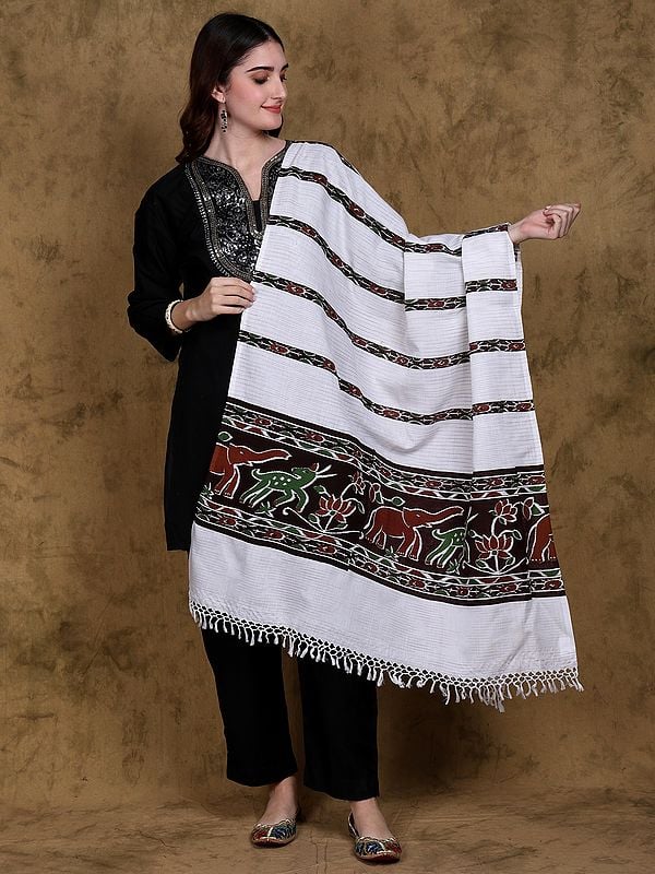 Star-White Ikat Dupatta with Printed Jungle Scene Border