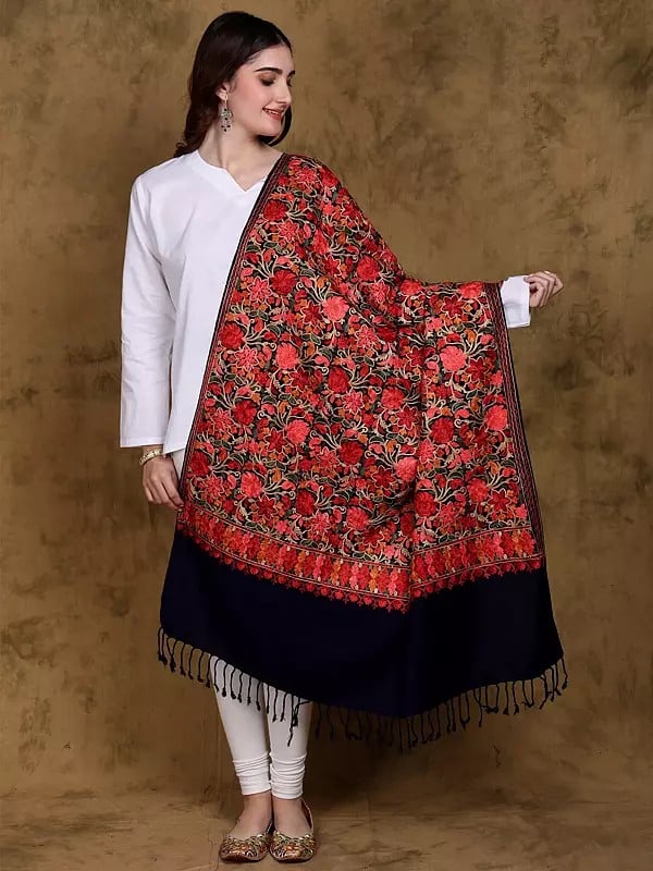 Medieval-Blue Kashmiri Shawl with All-over Floral Aari Embroidered in Multi-Color Thread