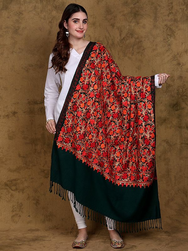 Galapagos-Green Wool Shawl from Kashmir with Multi Coloured Floral Embroidery