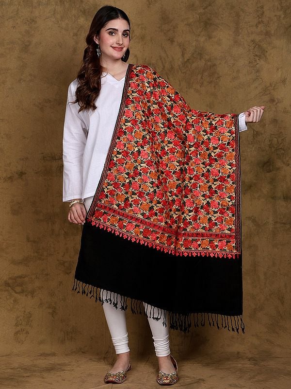 Pirate-Black Floral Aari Embroidered Shawl from Kashmir