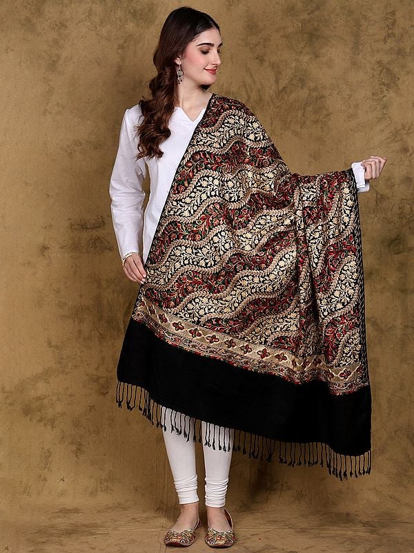 Jet-Black Kashmiri Shawl with Aari Embroidered Leaf Vines