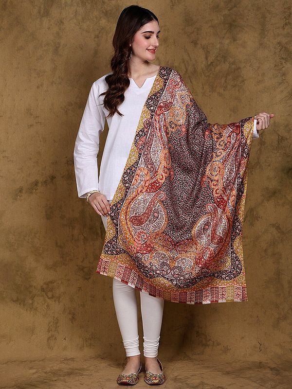 Tri-Color Printed Jamawar Stole from Amritsar with Printed Paisleys