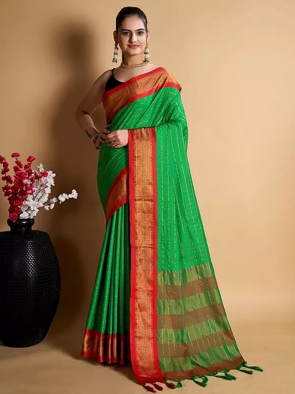 Check Pattern All Over Festive Wear Soft Silk Saree With Tassels Pallu