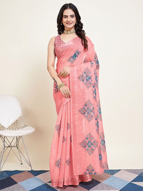 All Over Floral Printed Work Party Wear Cotton Saree With Blouse