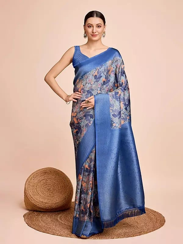 Floral Printed Work And Wide Border Kanjivaram Silk Saree With Tassels Pallu