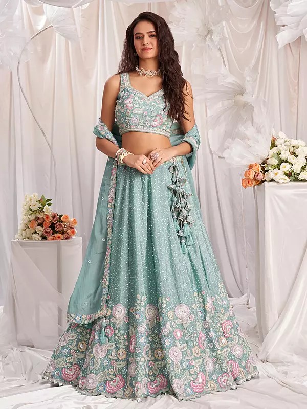 Pure Chiffon Sequins And Floral Thread Embroidery Work Fancy Party Wear Lehenga Choli With Attractive Tassels Dupatta