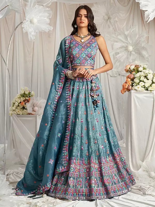 Organza Mirror And Embroidery Work Fancy Party Wear Lehenga Choli With Attractive Tassels Dupatta