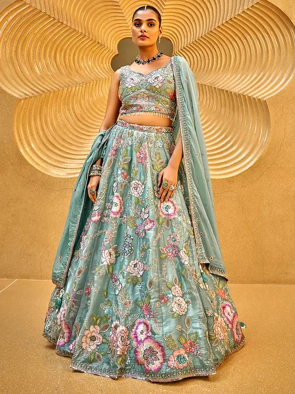 Cut-Dana And Heavy Floral Embroidery Work Wedding Wear Organza Lehenga Choli With Matching Tassels Dupatta