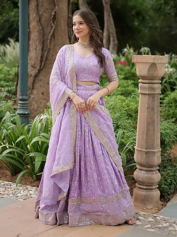 Pale-Lavender Golden Embroidery And Sequins Work Wedding Wear Viscose Jacquard Silk Lehenga Choli With Matching Dupatta