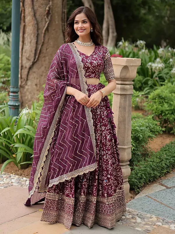 Wine-Berry Golden Embroidered And Sequins Work Floral Fancy Viscose jacquard Silk Lehenga Choli With Attractive Dupatta