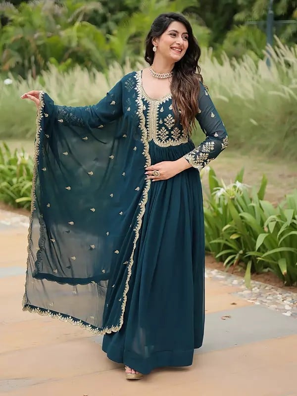 Dark-Blue-Grey Sequins & Zari Embroidered Work Fancy Gown With Matching Dupatta