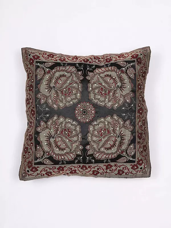 Black-Onyx Floral Woven Cushion Cover with Sequins Work