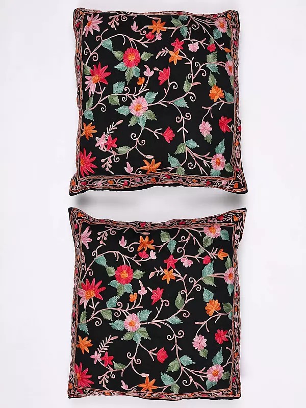 Set of Two Cushion Covers from Kashmir with Floral Ari Embroidery