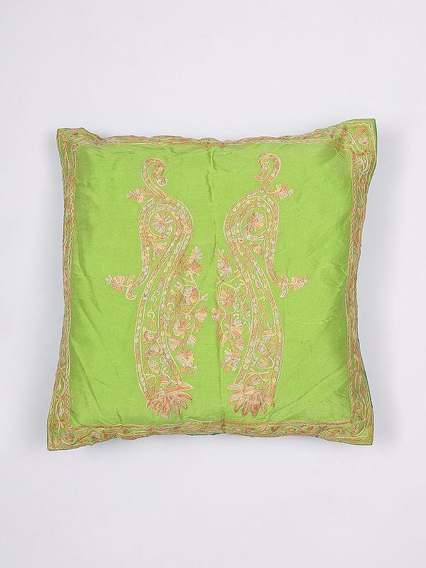 Macaw-Green Aari Embroidered Paisleys Cushion Cover from Kashmir